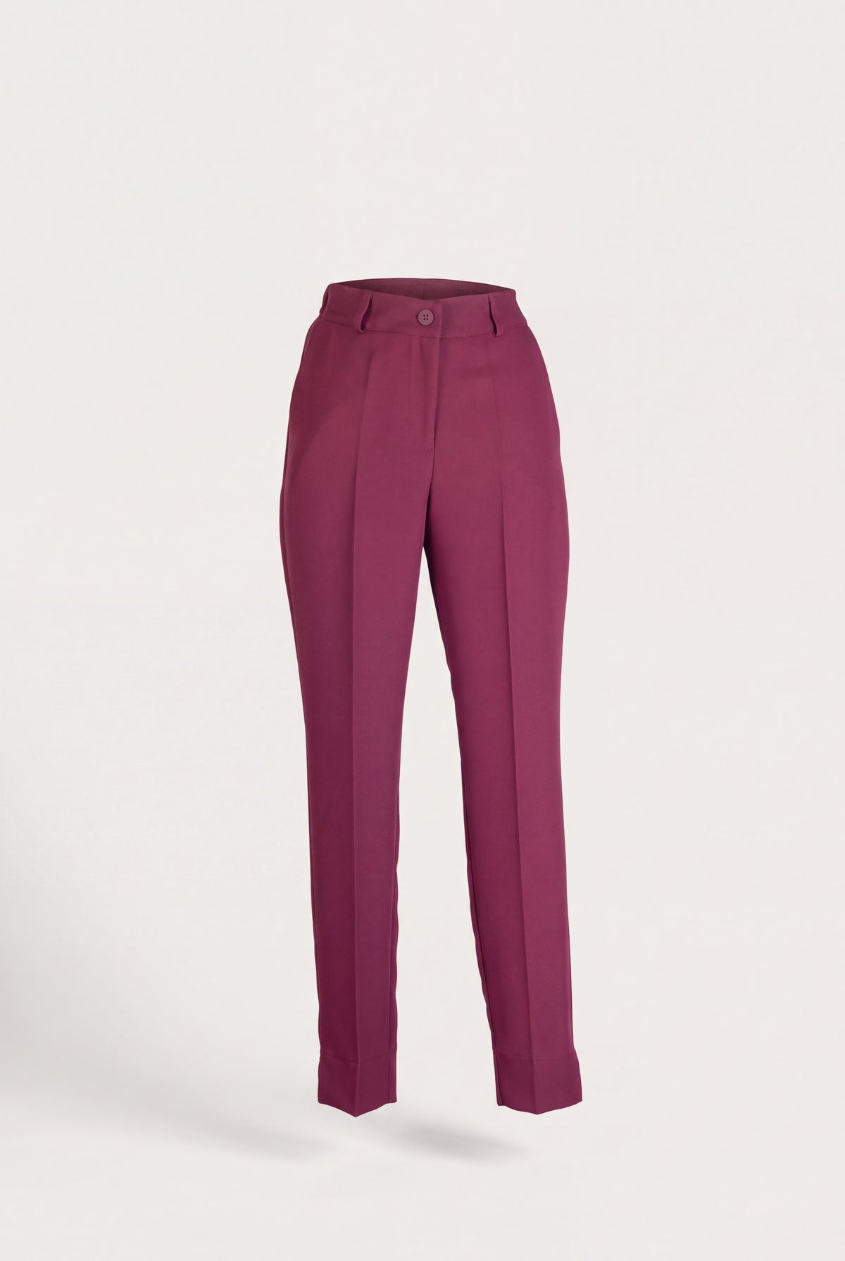 Pantalone donna cadì bordeaux a vita alta, gamba dritta con piega stirata e risvolto