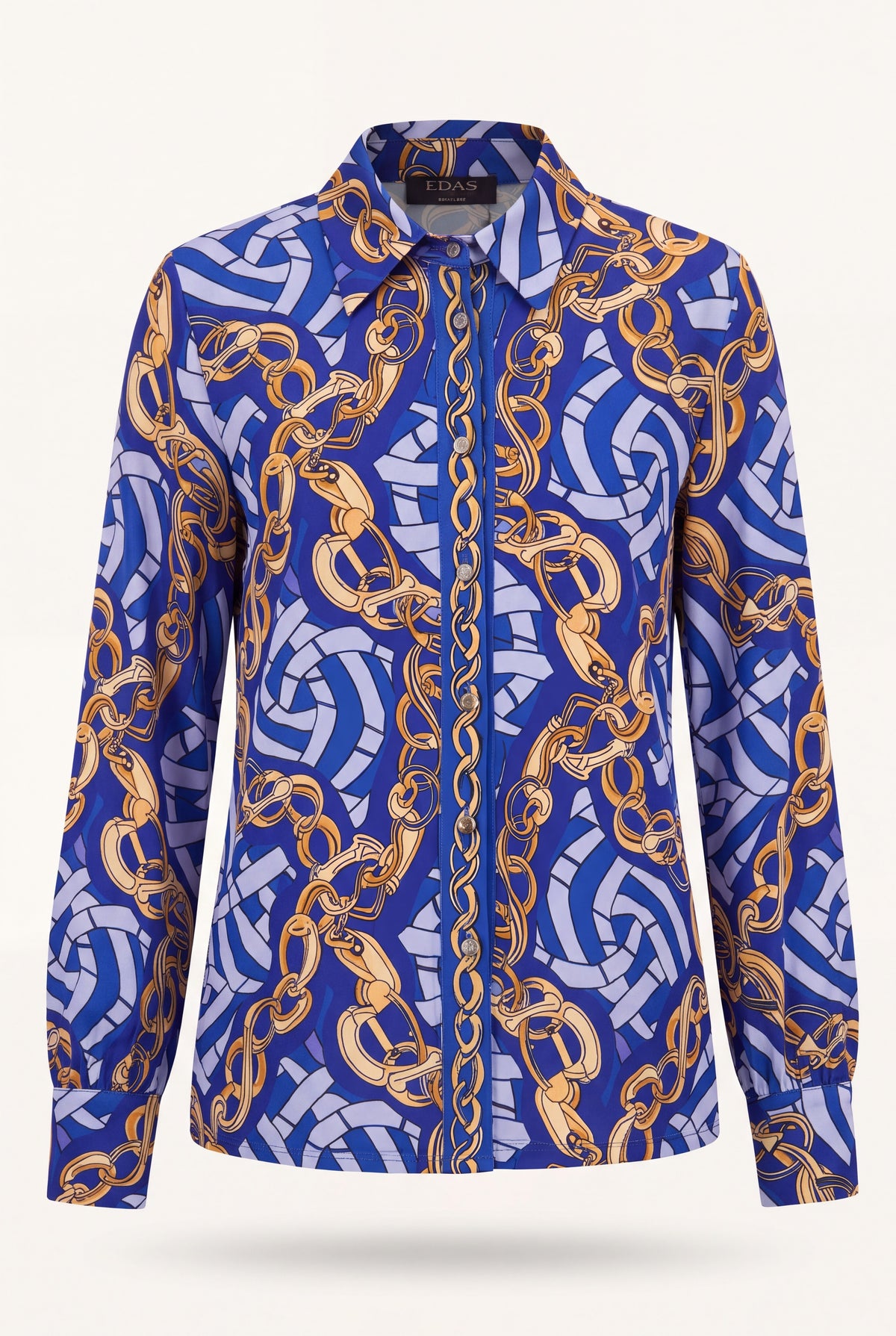 Camicia in jersey stampa catene blu inchiostro con catene dorate, colletto classico e maniche lunghe