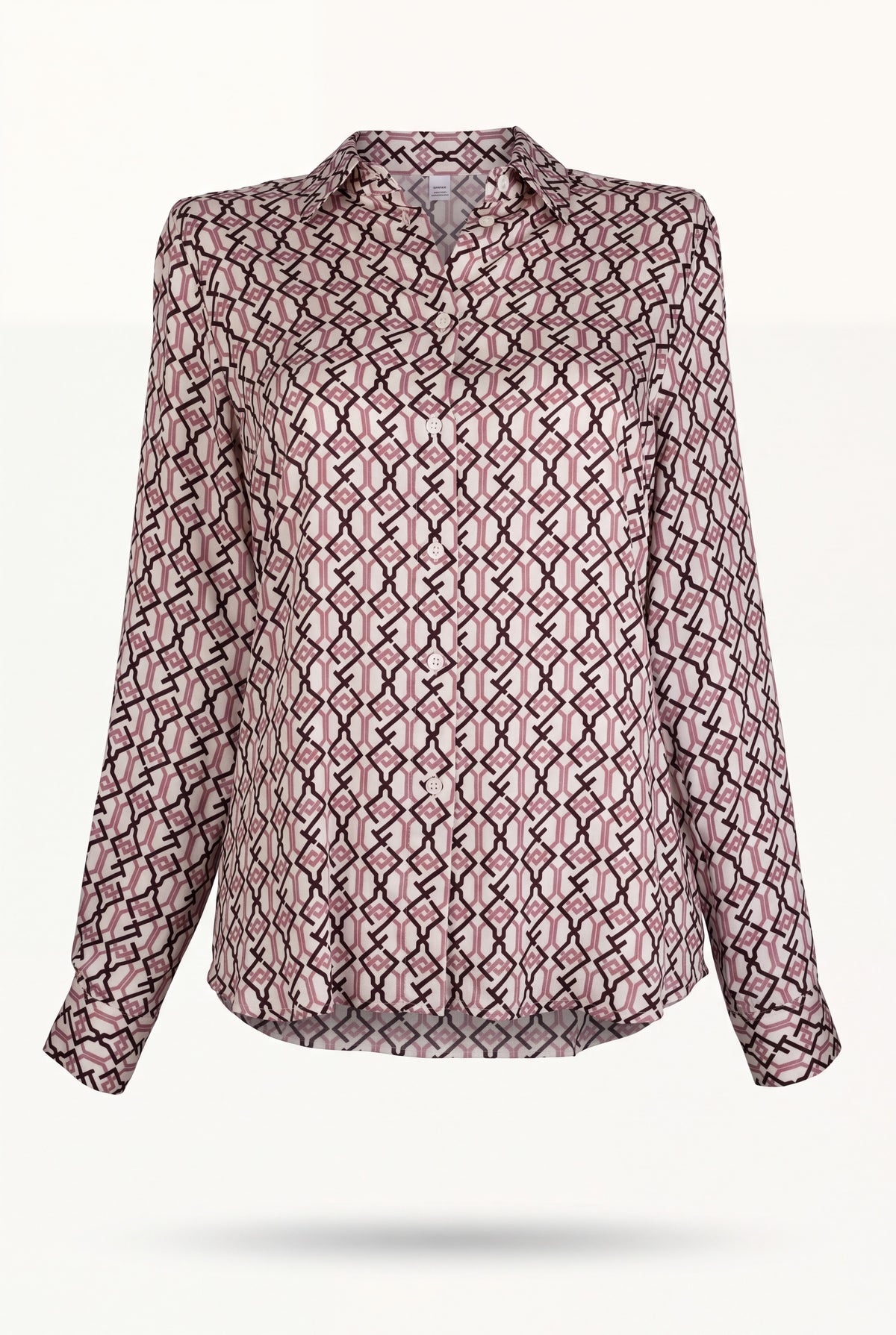 Camicia in viscosa da donna con stampa geometrica a catene rosa, bianco e nero, maniche lunghe