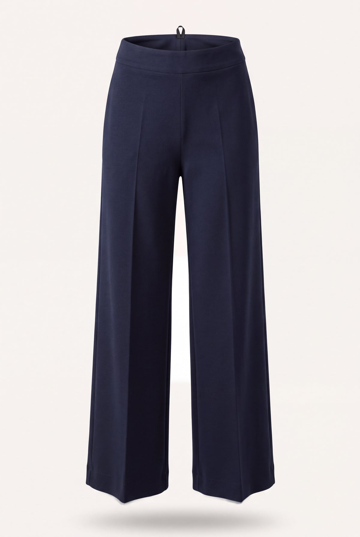 Pantalone palazzo donna nero in punto milano a vita alta con gamba larga e piega centrale