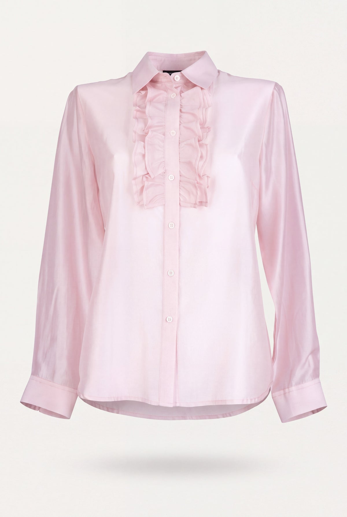 Camicia con rouche rosa da donna in tessuto lucido, colletto classico e volant sul davanti