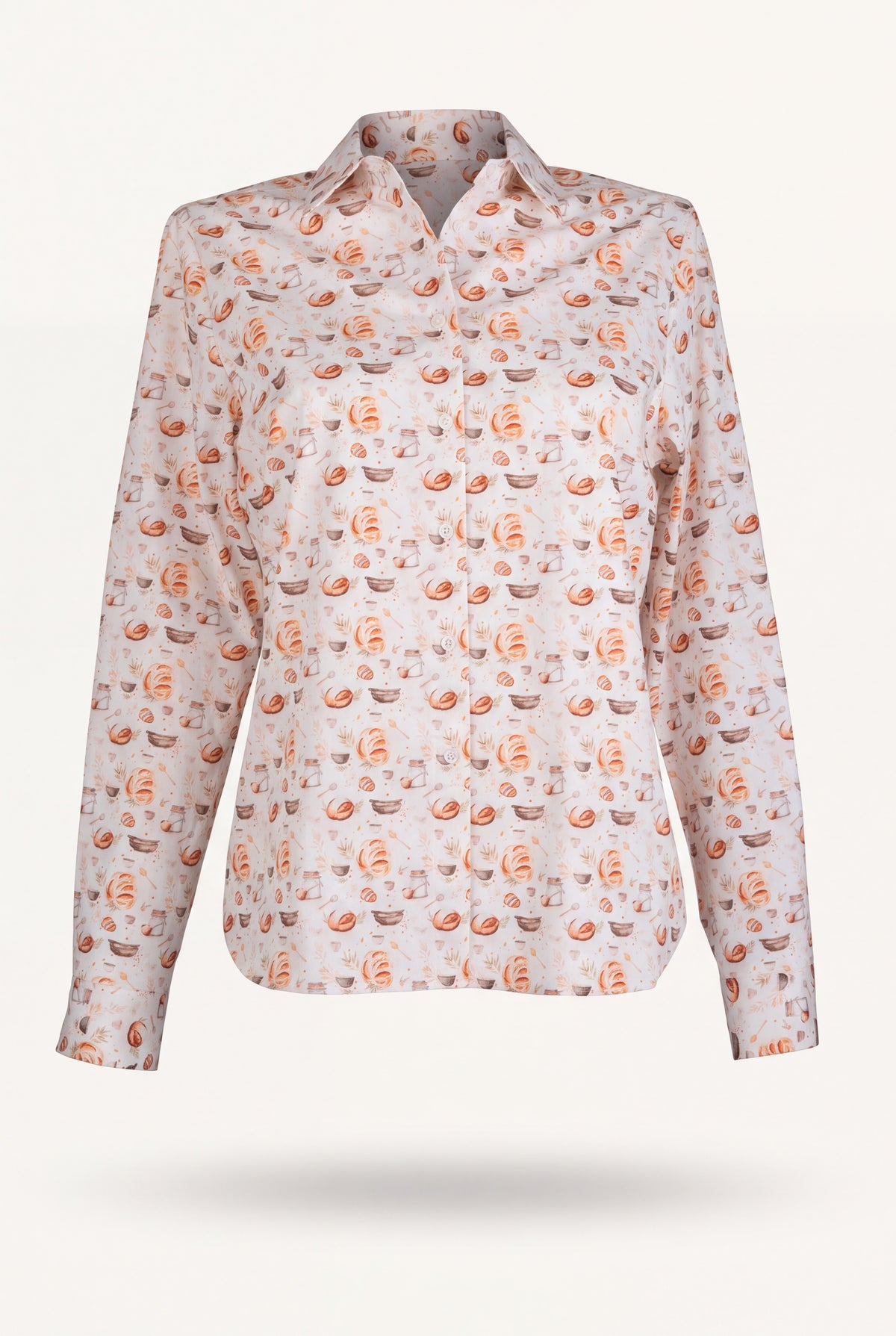 Camicia in cotone da donna bianca con stampa fantasia pane, colletto classico e manica lunga