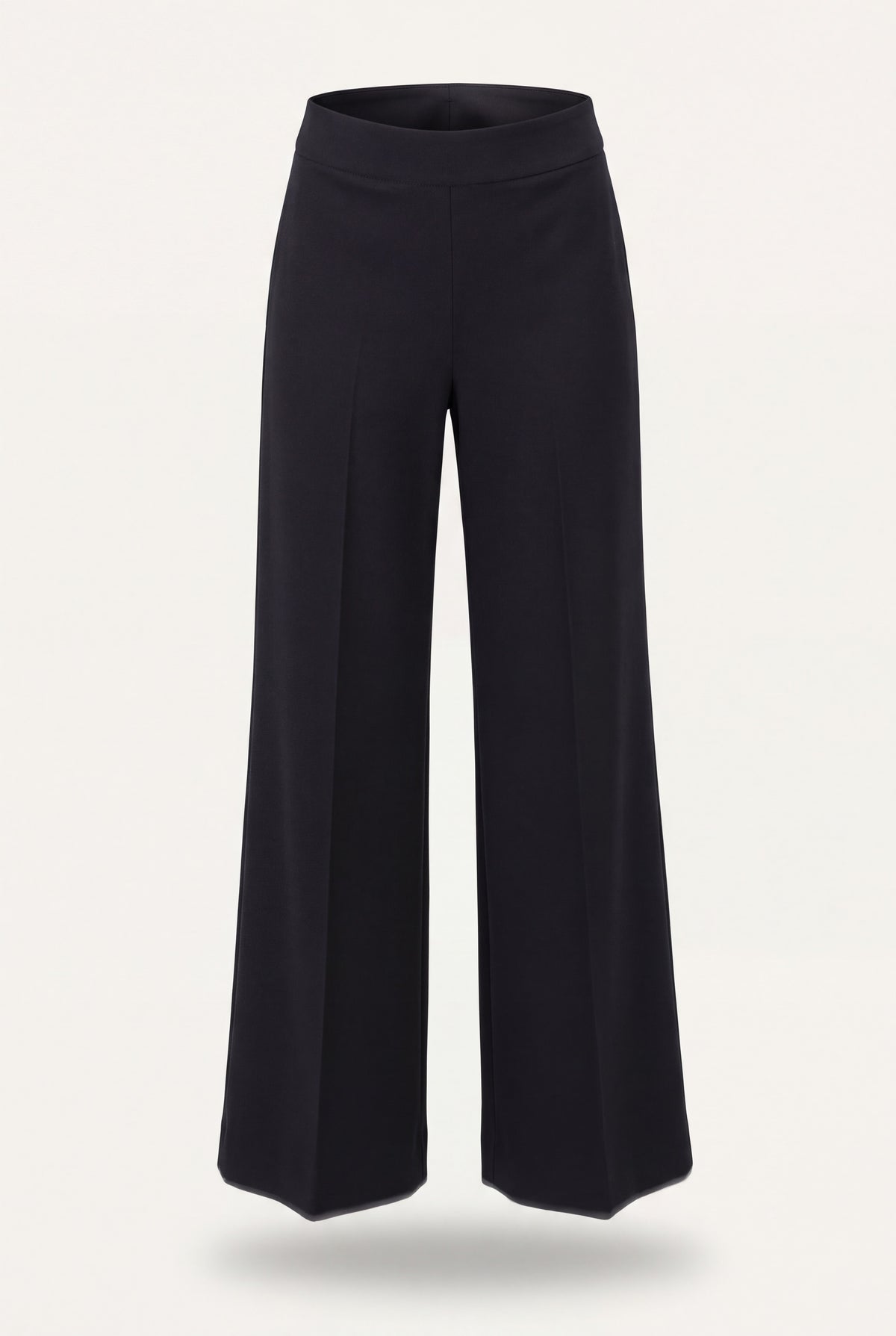 Pantalone palazzo donna nero in punto milano a vita alta con gamba larga e piega centrale