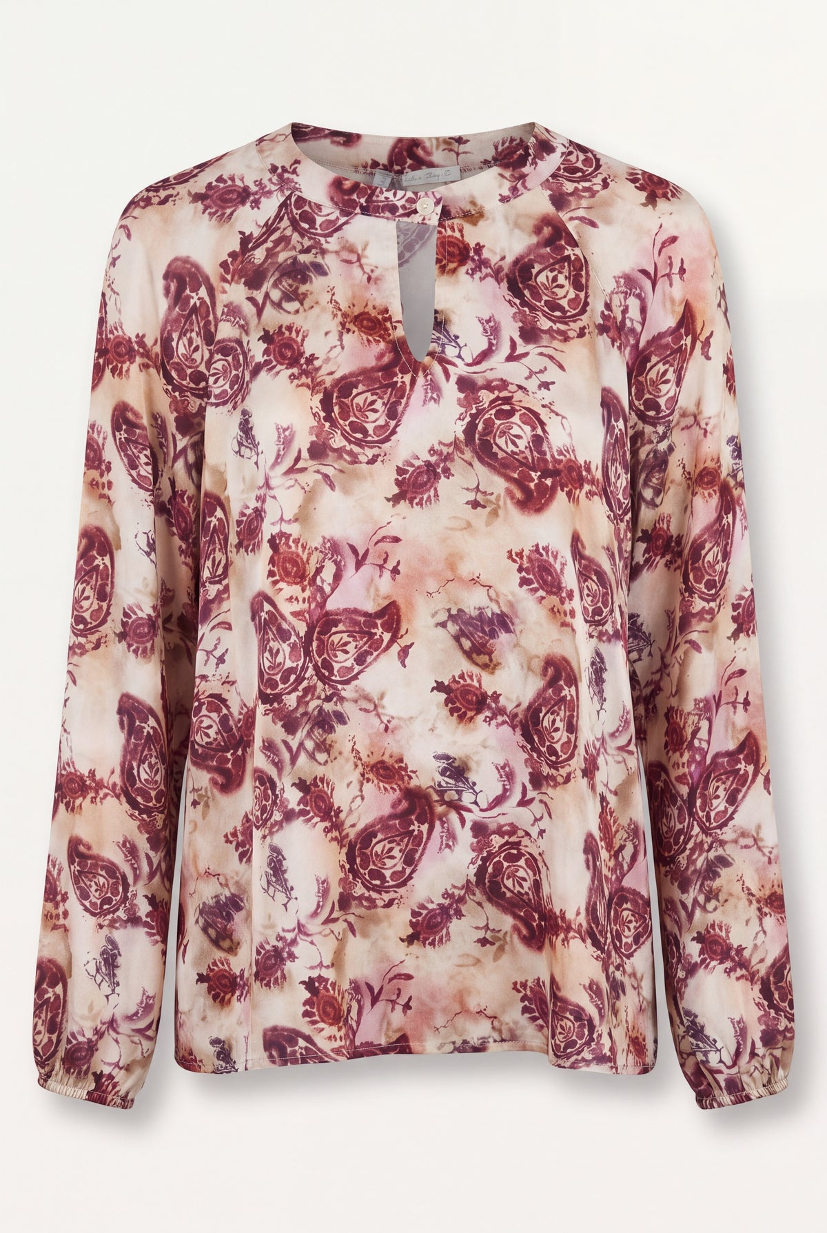 Blusa donna fantasia paisley bordeaux e rosa con scollo a goccia e maniche lunghe