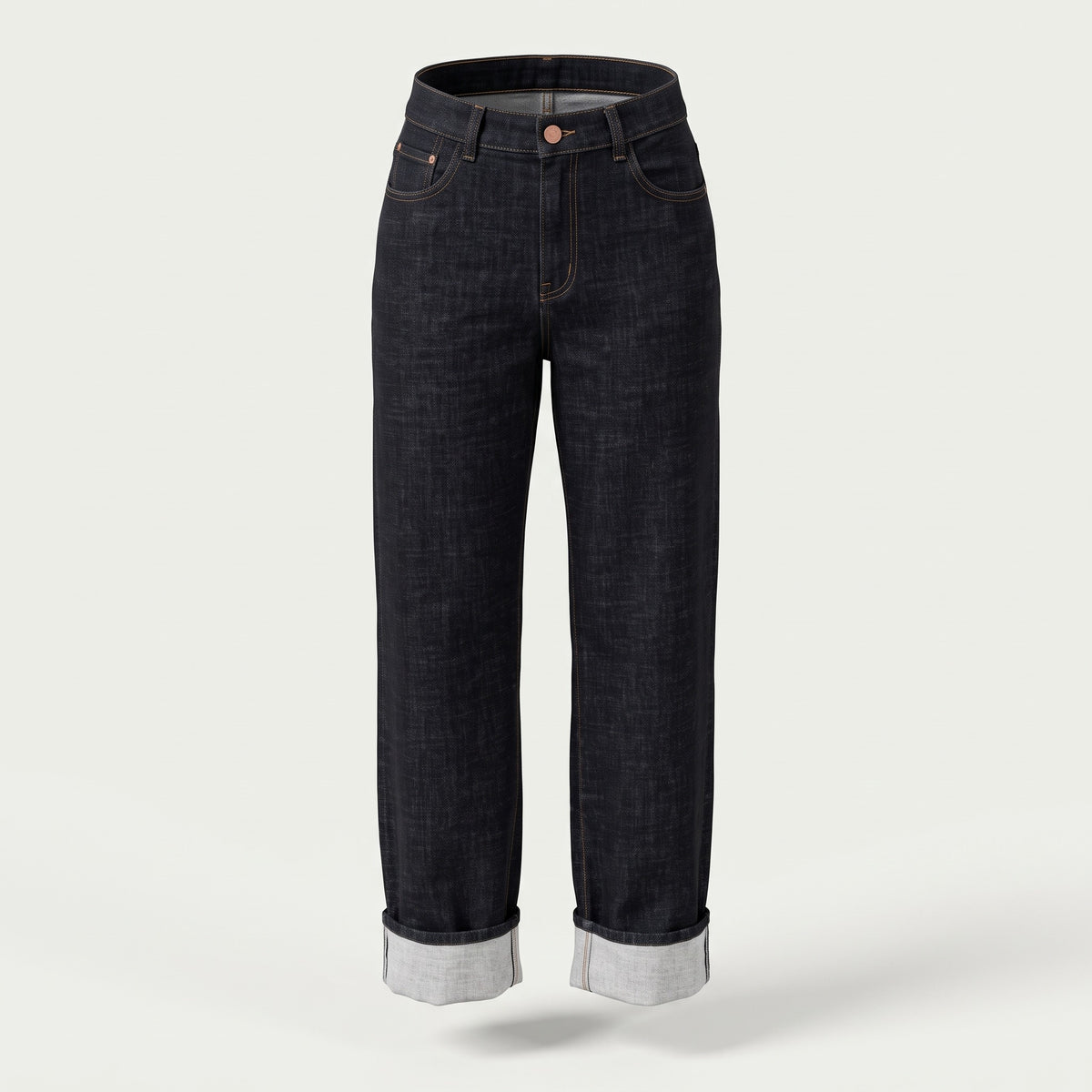 Jeans denim con risvolto scuro, gamba dritta, orlo rivoltato chiaro e cuciture color rame