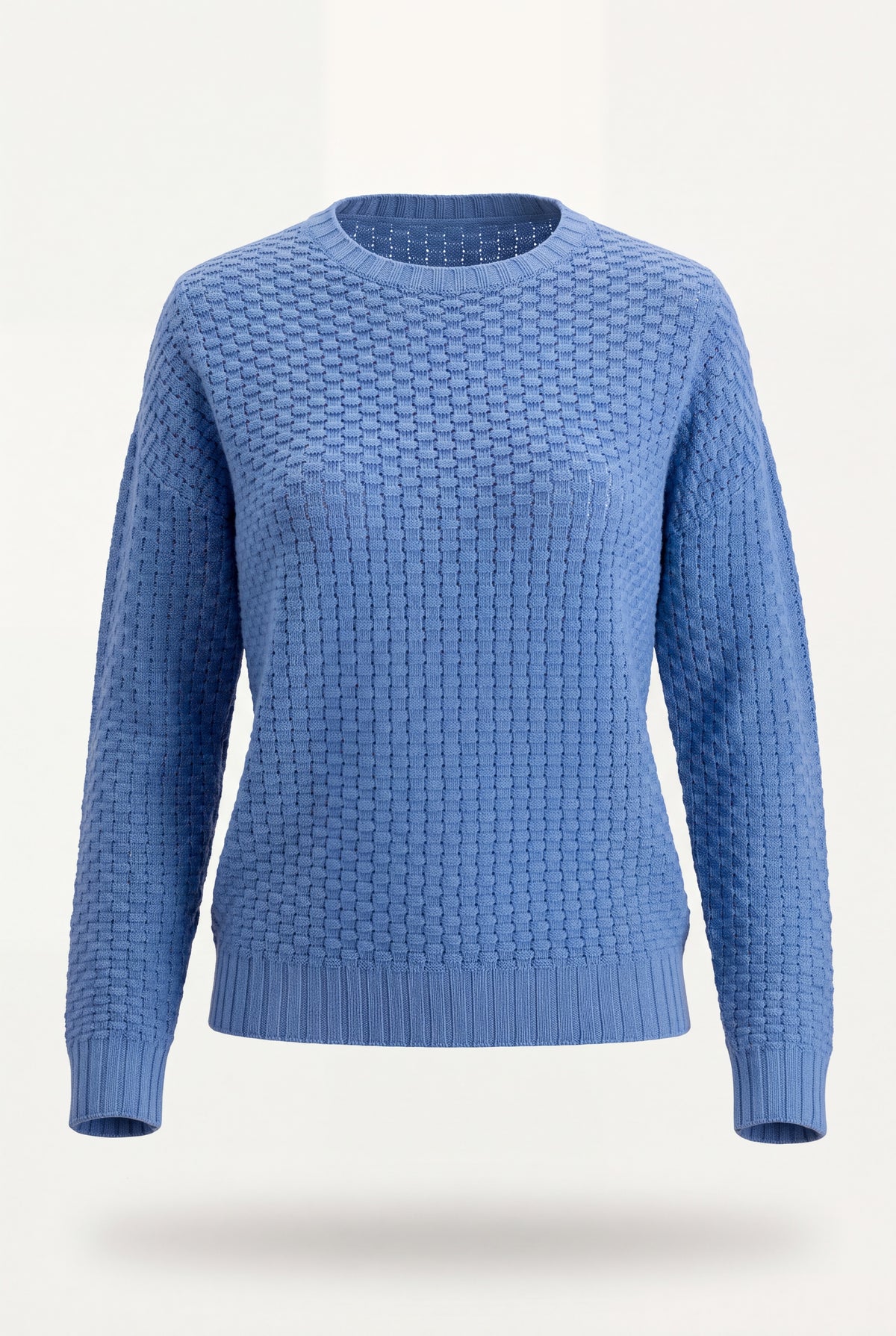 Maglione punto canestro donna color ocra, girocollo con lavorazione in rilievo e polsini a coste
