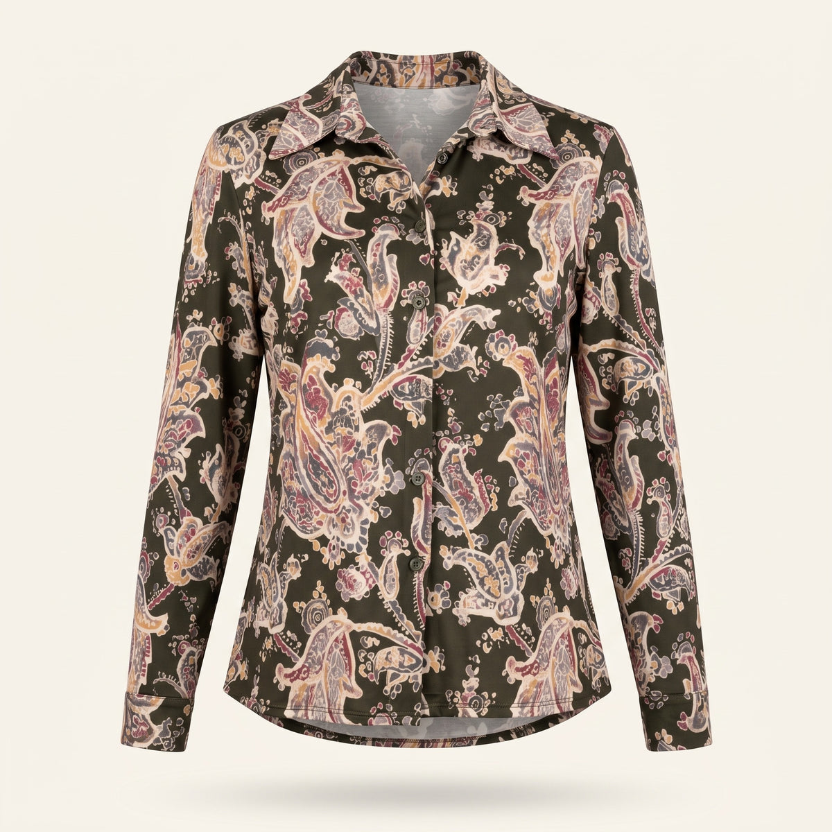 Camicia da donna in jersey con stampa cashmere paisley verde militare, colletto a punta e bottoni
