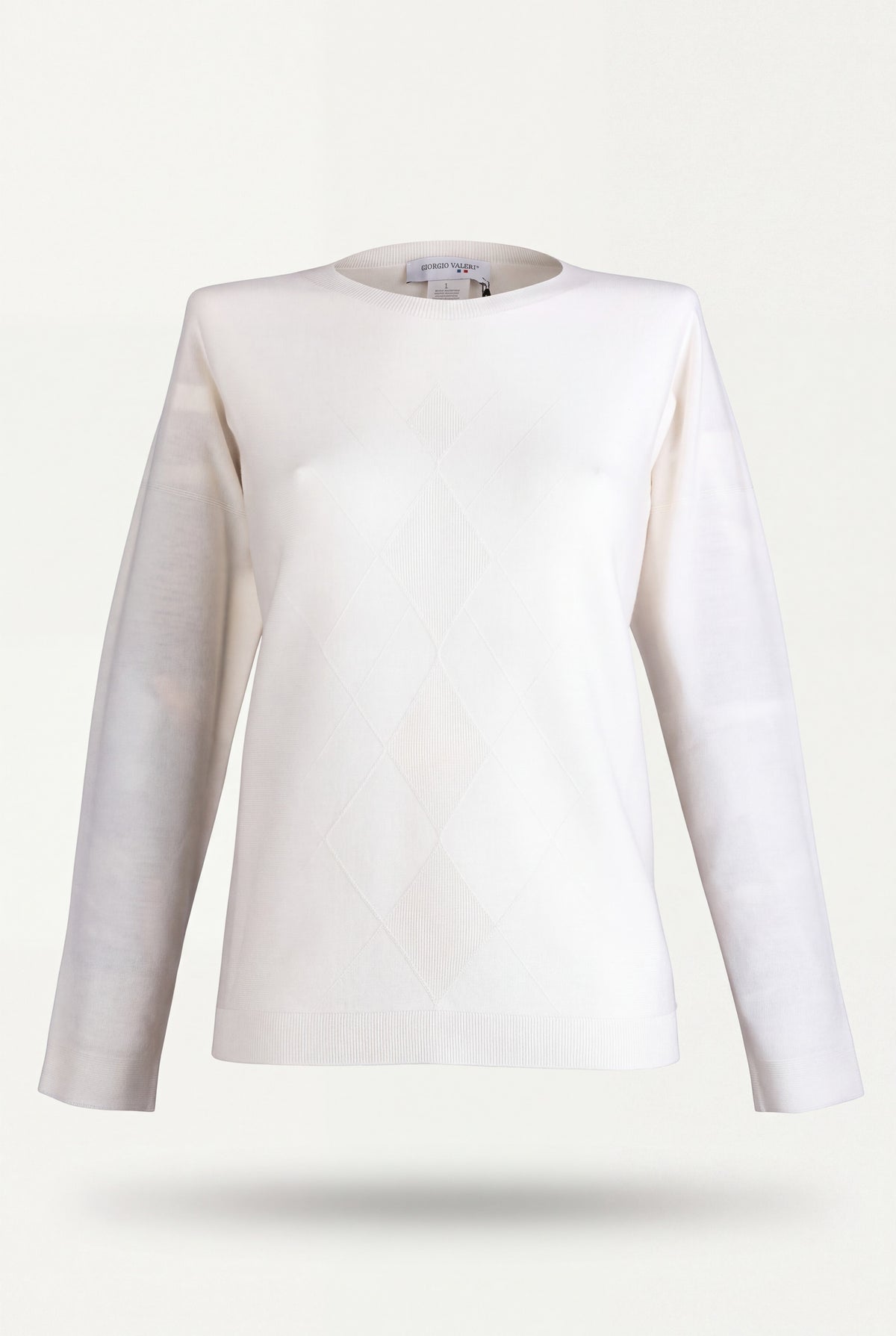 Maglia in pura lana color indaco da donna con motivo a rombi a rilievo e scollo a barchetta