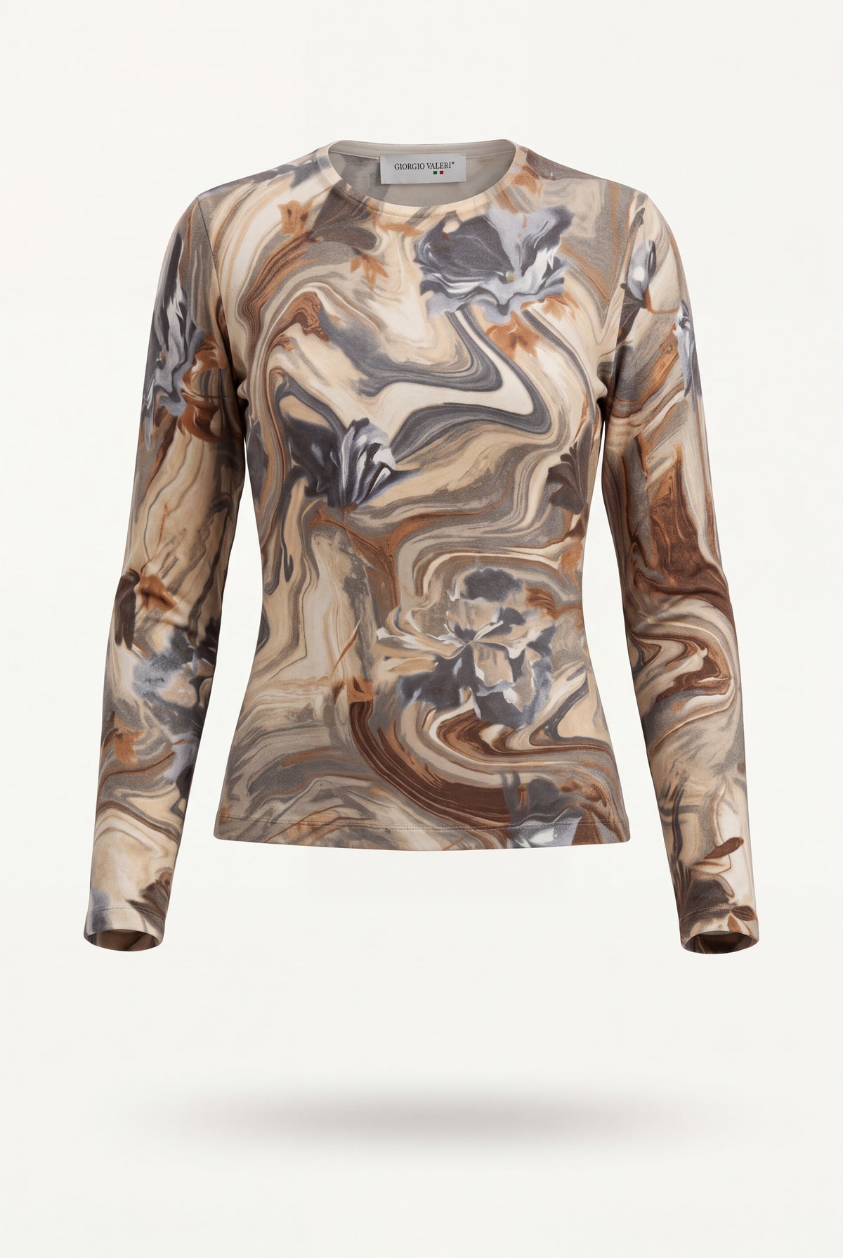Maglia donna in viscosa Giorgio Valeri  a girocollo con stampa floreale rosa, grigia e nera, maniche lunghe
