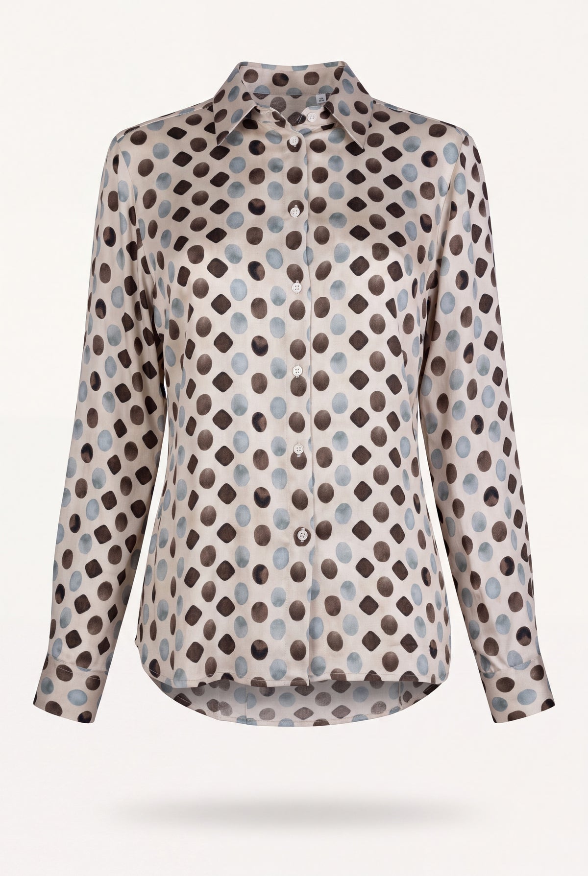 Camicia da donna in viscosa a pois rétro nei toni verde, senape e beige con colletto a punta