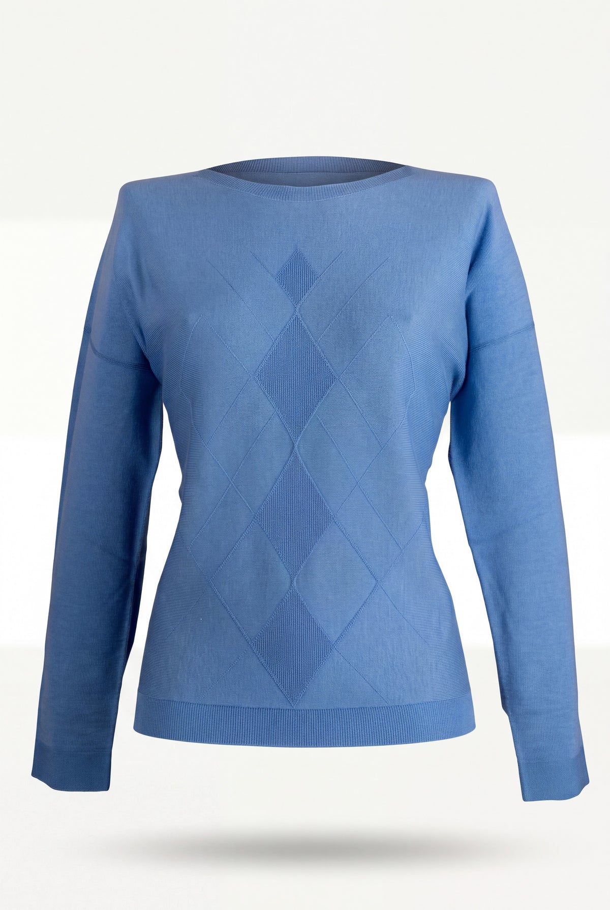 Maglia in pura lana color indaco da donna con motivo a rombi a rilievo e scollo a barchetta