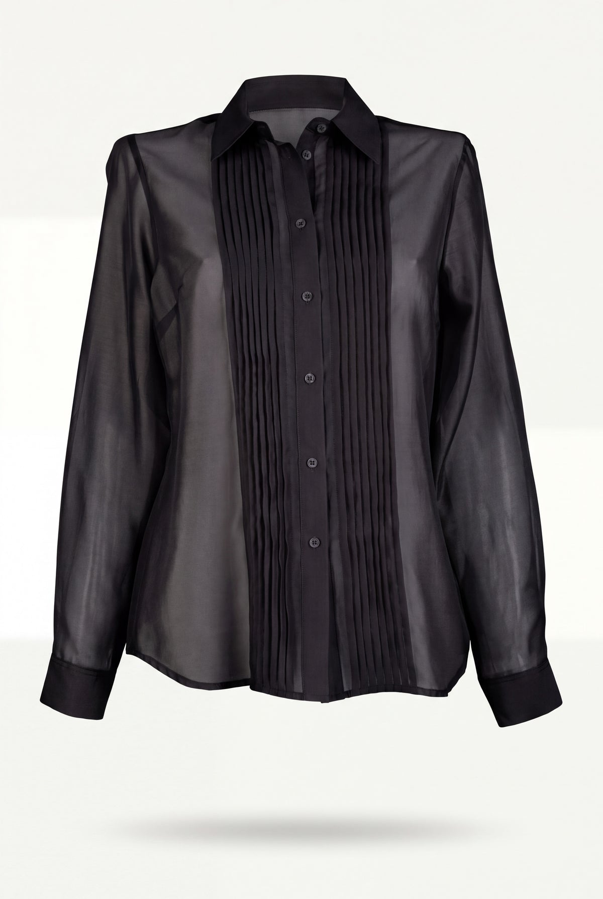 Camicia da donna in voile rosa semitrasparente con plissè frontale, collo a punta e maniche lunghe