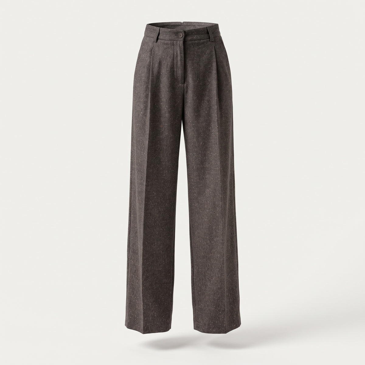 Pantalone palazzo in tweed di viscosa color moro, gamba larga con pince e piega stirata