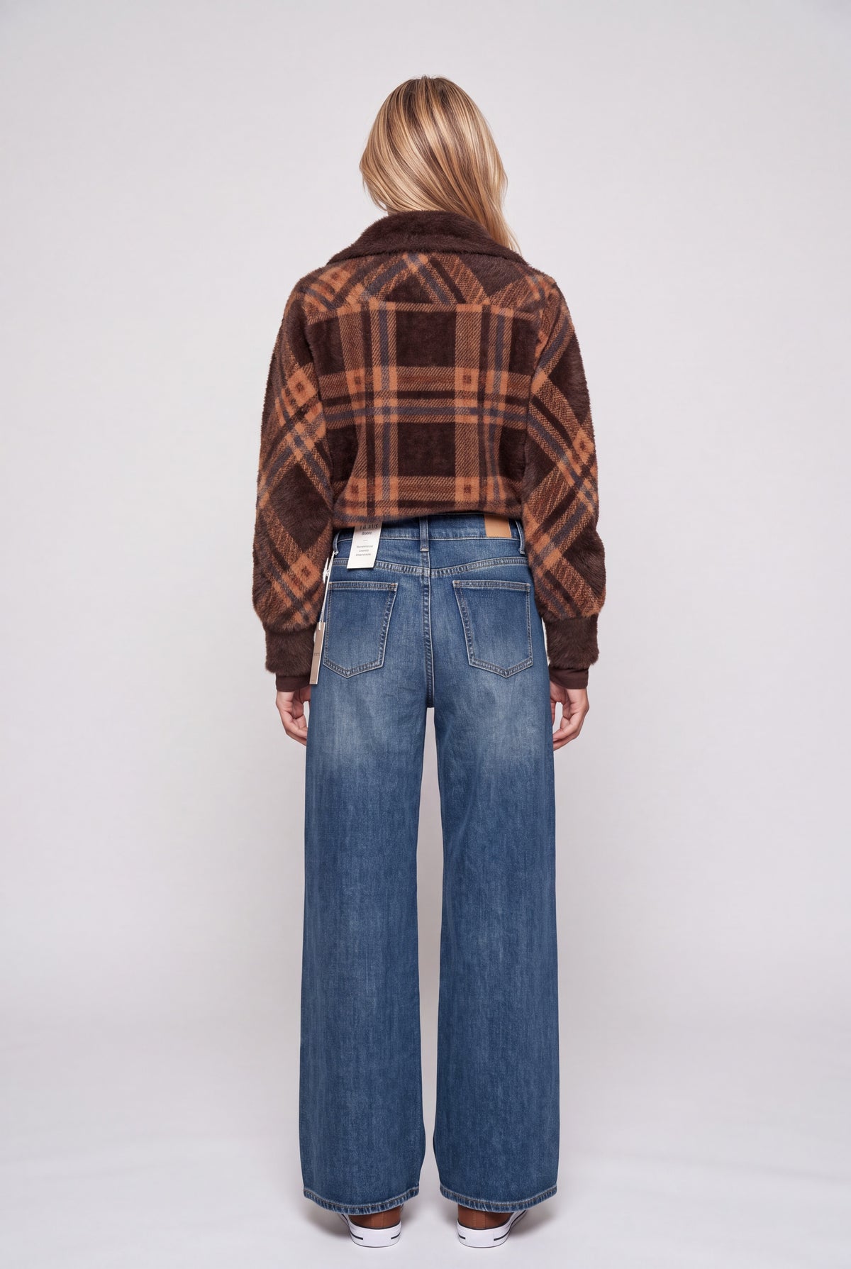Jeans a gamba larga da donna in denim stone wash blu, vita alta e cinque tasche