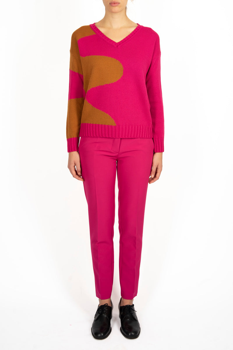 Maglia scollo a V intarsio onde +jacuard onde